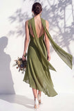 Green Floral Mermaid V Neck Bridesmaid Dress with Scarf