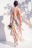 Green Floral Mermaid V Neck Bridesmaid Dress with Scarf