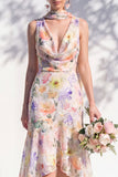 Green Floral Mermaid V Neck Bridesmaid Dress with Scarf