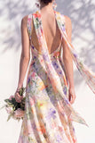 Green Floral Mermaid V Neck Bridesmaid Dress with Scarf