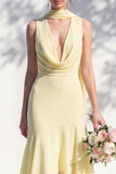 Green Floral Mermaid V Neck Bridesmaid Dress with Scarf