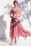 Green Floral A Line Cowl Neck Bridesmaid Dress