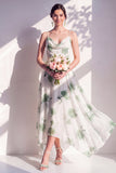Green Floral A Line Cowl Neck Bridesmaid Dress