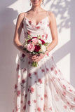Green Floral A Line Cowl Neck Bridesmaid Dress