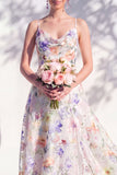 Green Floral A Line Cowl Neck Bridesmaid Dress