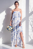 Strapless Tiered Green Floral A Line Bridesmaid Dress