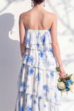 Strapless Tiered Green Floral A Line Bridesmaid Dress