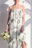 Strapless Tiered Green Floral A Line Bridesmaid Dress
