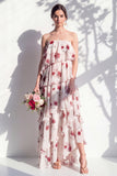 Strapless Tiered Green Floral A Line Bridesmaid Dress