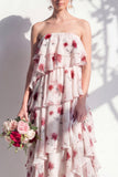 Strapless Tiered Green Floral A Line Bridesmaid Dress