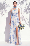 One Shoulder Green Floral A Line Bridesmaid Dress with Slit