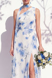 One Shoulder Green Floral A Line Bridesmaid Dress with Slit