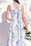 One Shoulder Green Floral A Line Bridesmaid Dress with Slit