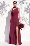 One Shoulder Green Floral A Line Bridesmaid Dress with Slit