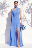 One Shoulder Green Floral A Line Bridesmaid Dress with Slit