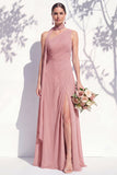 One Shoulder Green Floral A Line Bridesmaid Dress with Slit