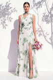 One Shoulder Green Floral A Line Bridesmaid Dress with Slit