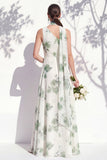 One Shoulder Green Floral A Line Bridesmaid Dress with Slit
