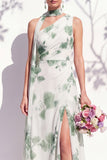 One Shoulder Green Floral A Line Bridesmaid Dress with Slit
