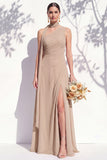 One Shoulder Green Floral A Line Bridesmaid Dress with Slit