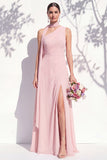 One Shoulder Green Floral A Line Bridesmaid Dress with Slit