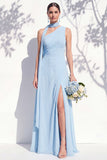 One Shoulder Green Floral A Line Bridesmaid Dress with Slit