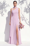 One Shoulder Green Floral A Line Bridesmaid Dress with Slit