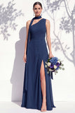 One Shoulder Green Floral A Line Bridesmaid Dress with Slit