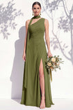 One Shoulder Green Floral A Line Bridesmaid Dress with Slit