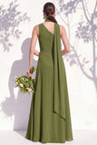 One Shoulder Green Floral A Line Bridesmaid Dress with Slit