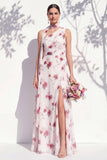 One Shoulder Green Floral A Line Bridesmaid Dress with Slit