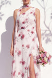 One Shoulder Green Floral A Line Bridesmaid Dress with Slit