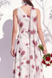 One Shoulder Green Floral A Line Bridesmaid Dress with Slit