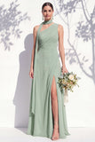 One Shoulder Green Floral A Line Bridesmaid Dress with Slit