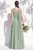 One Shoulder Green Floral A Line Bridesmaid Dress with Slit