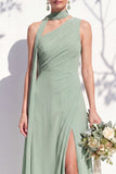 One Shoulder Green Floral A Line Bridesmaid Dress with Slit