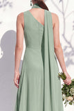 One Shoulder Green Floral A Line Bridesmaid Dress with Slit