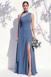 One Shoulder Green Floral A Line Bridesmaid Dress with Slit