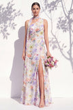 One Shoulder Green Floral A Line Bridesmaid Dress with Slit