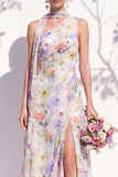 One Shoulder Green Floral A Line Bridesmaid Dress with Slit