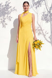 One Shoulder Green Floral A Line Bridesmaid Dress with Slit