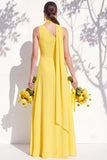 One Shoulder Green Floral A Line Bridesmaid Dress with Slit