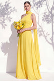 One Shoulder Green Floral A Line Bridesmaid Dress with Slit