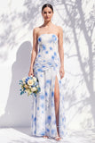 Strapless Blue Floral A Line Bridesmaid Dress with Slit