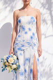 Strapless Blue Floral A Line Bridesmaid Dress with Slit