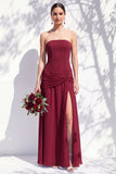 Strapless Blue Floral A Line Bridesmaid Dress with Slit