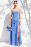 Strapless Blue Floral A Line Bridesmaid Dress with Slit