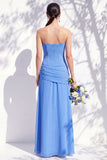 Strapless Blue Floral A Line Bridesmaid Dress with Slit