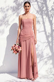 Strapless Blue Floral A Line Bridesmaid Dress with Slit