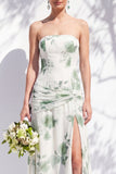 Strapless Blue Floral A Line Bridesmaid Dress with Slit